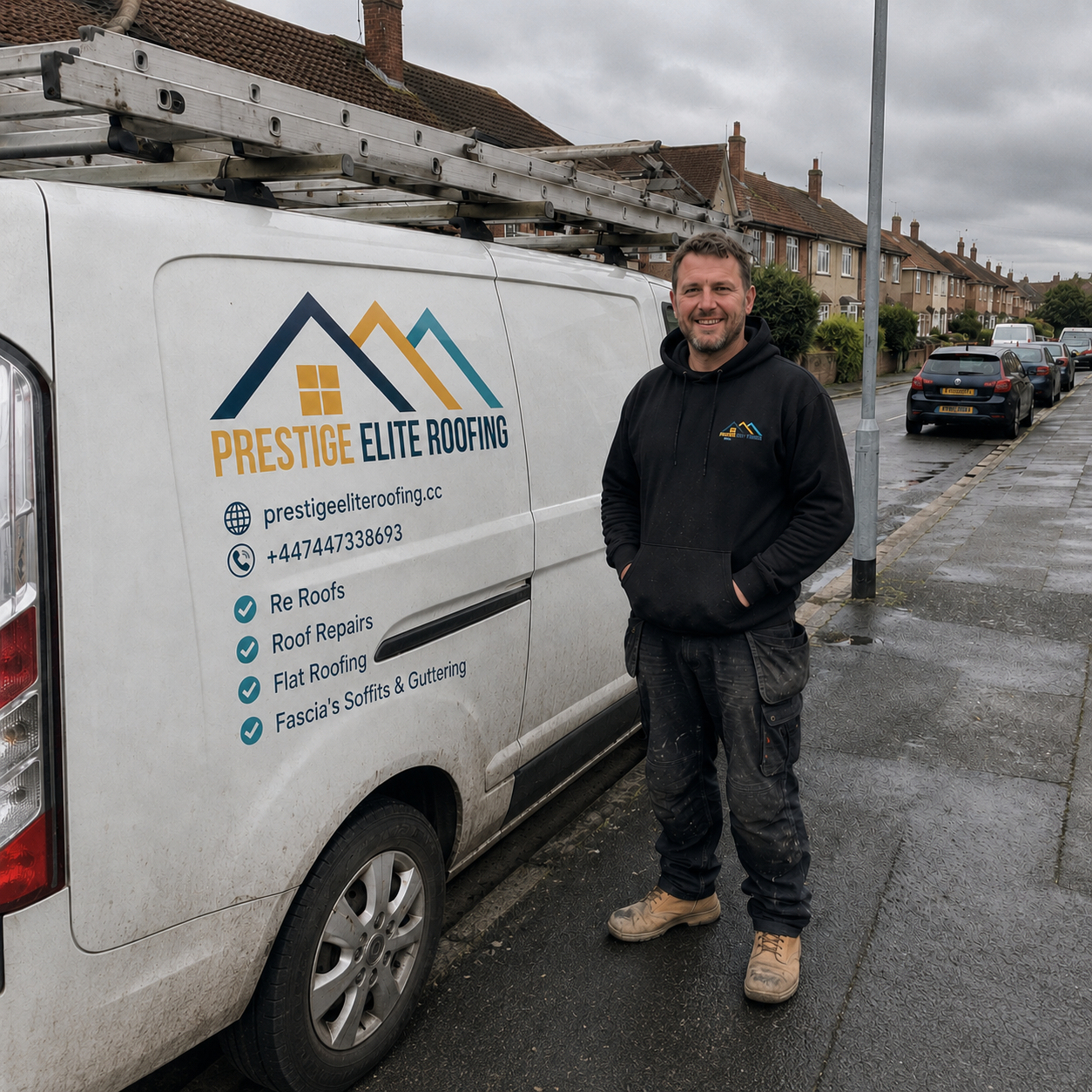 Prestige Elite Roofing team member standing beside the company van