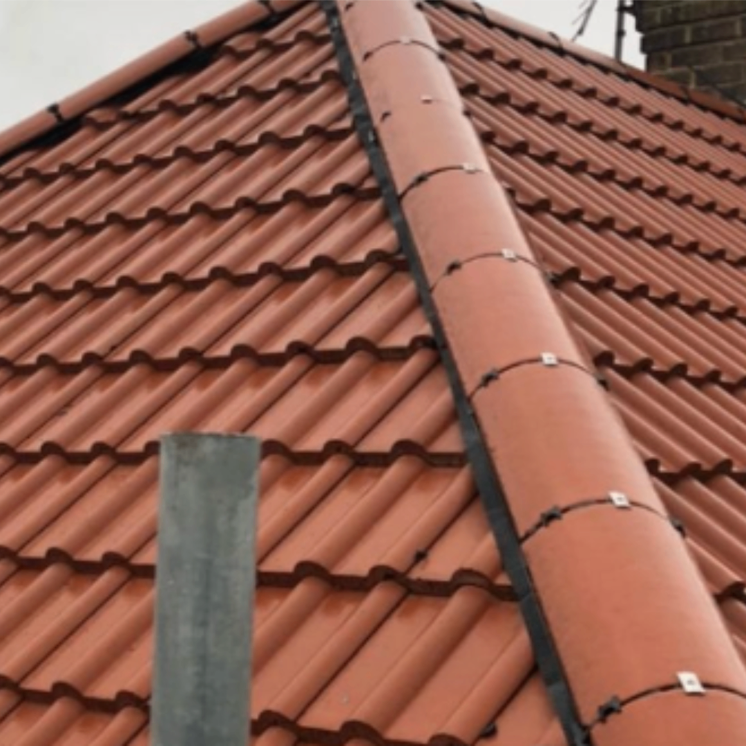 Close-up of newly finished roof ridge tiles