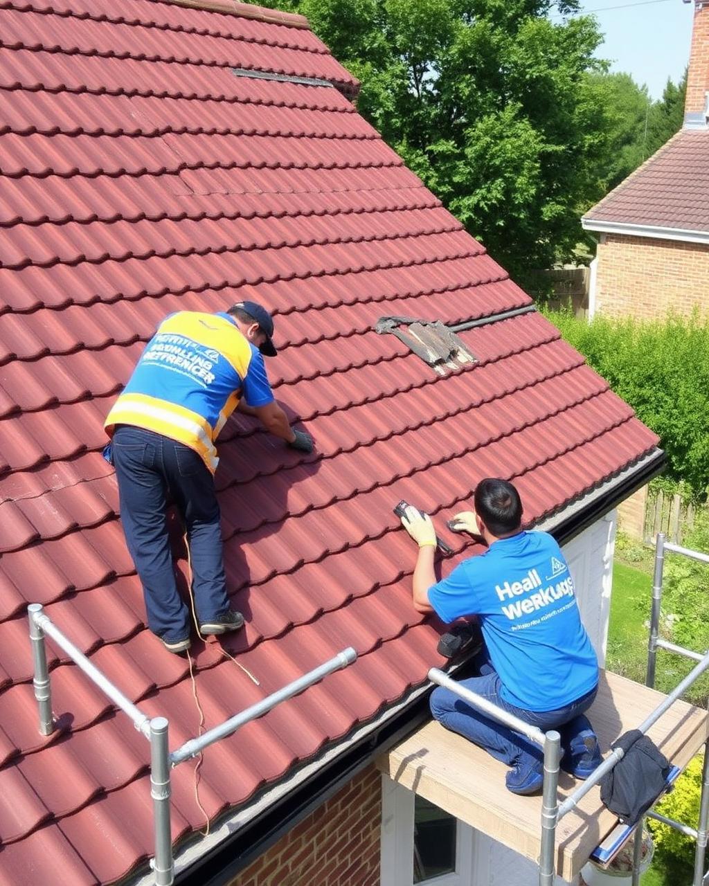 Roofers installing new tiles